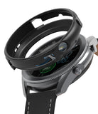 Galaxy Watch 3 45mm Case | Air Sports - Black protective case hovering above a silver Galaxy Watch 3 with leather strap.