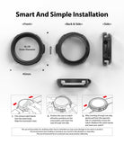 Galaxy Watch 3 45mm Case | Air Sports - Technical diagrams and three-step installation guide for a black watch case.