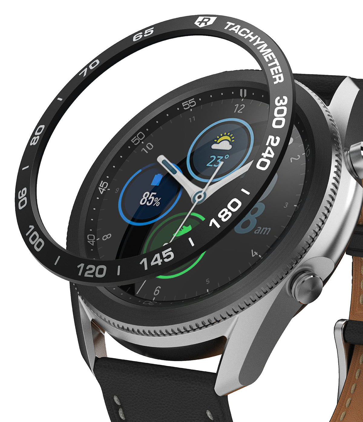 Galaxy Watch 3 (45mm) | Bezel Styling - A black tachymeter bezel ring hovering above a silver Galaxy Watch 3 with a leather strap.