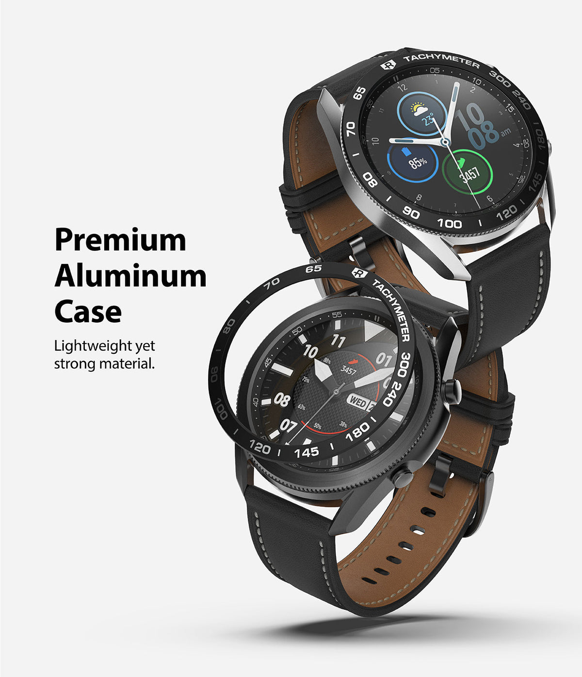 Galaxy Watch 3 (45mm) | Bezel Styling - A black tachymeter bezel ring hovering above a Galaxy Watch 3 with a leather strap.