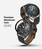 Galaxy Watch 3 (45mm) | Bezel Styling - A black tachymeter bezel ring hovering above a Galaxy Watch 3 with a leather strap.