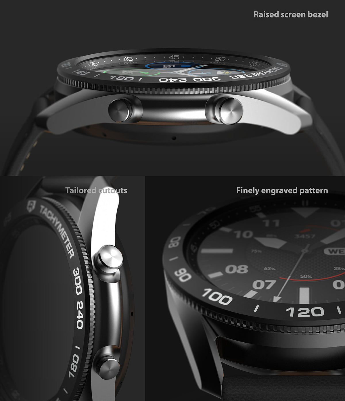 Galaxy Watch 3 (45mm) | Bezel Styling - Close-up views of the watch bezel, highlighting the raised edge, tailored cutouts, and engraved pattern.