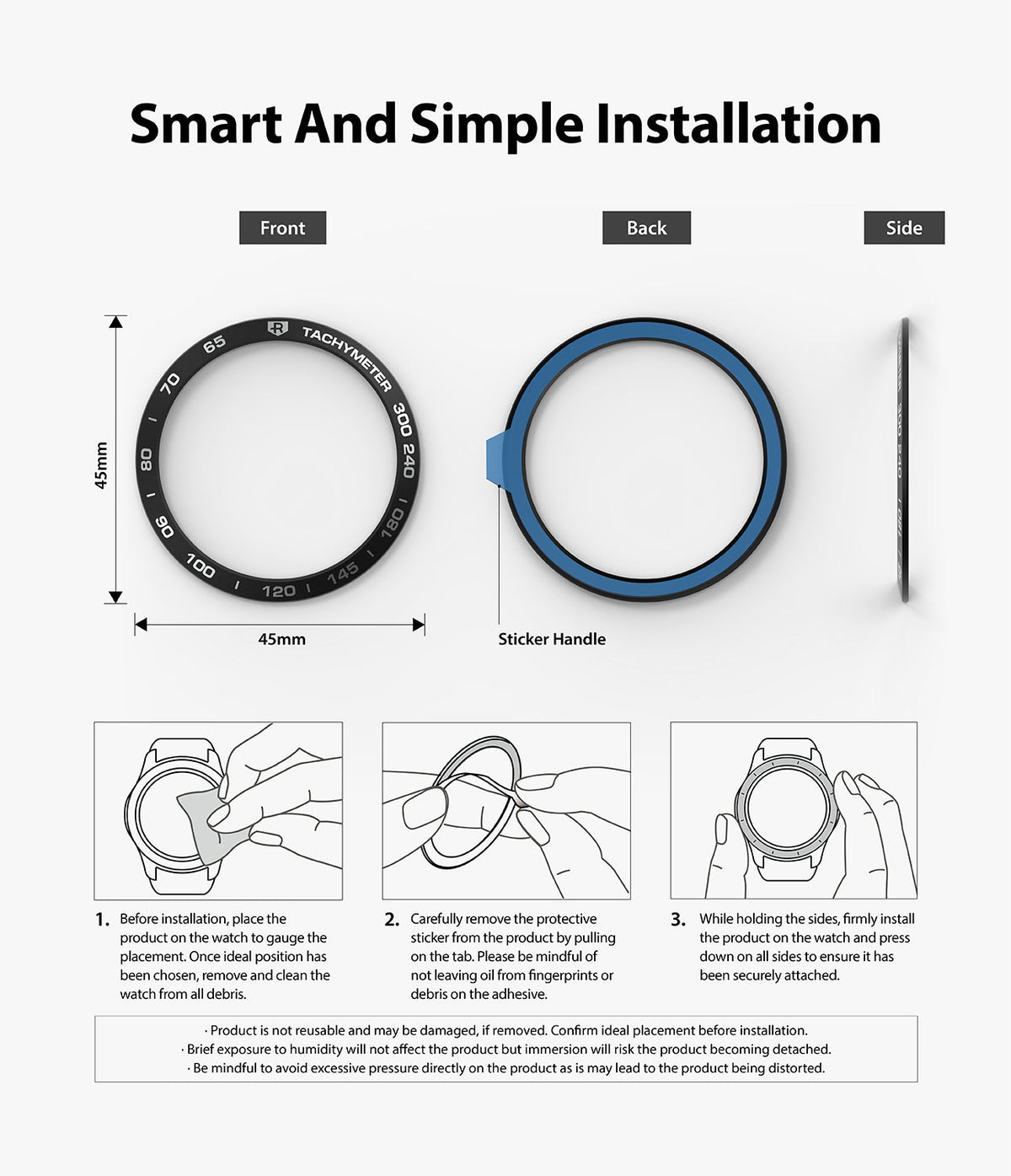 Galaxy Watch 3 (45mm) | Bezel Styling - Galaxy Watch 3 (45mm) | Bezel styling installation guide showing front, back, and side views with three-step instructions.