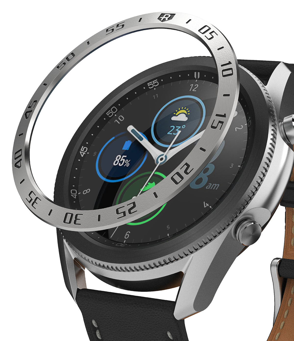 Galaxy Watch 3 (45mm) | Bezel Styling - A metallic numbered bezel ring hovering above a Galaxy Watch 3 with a black leather strap.