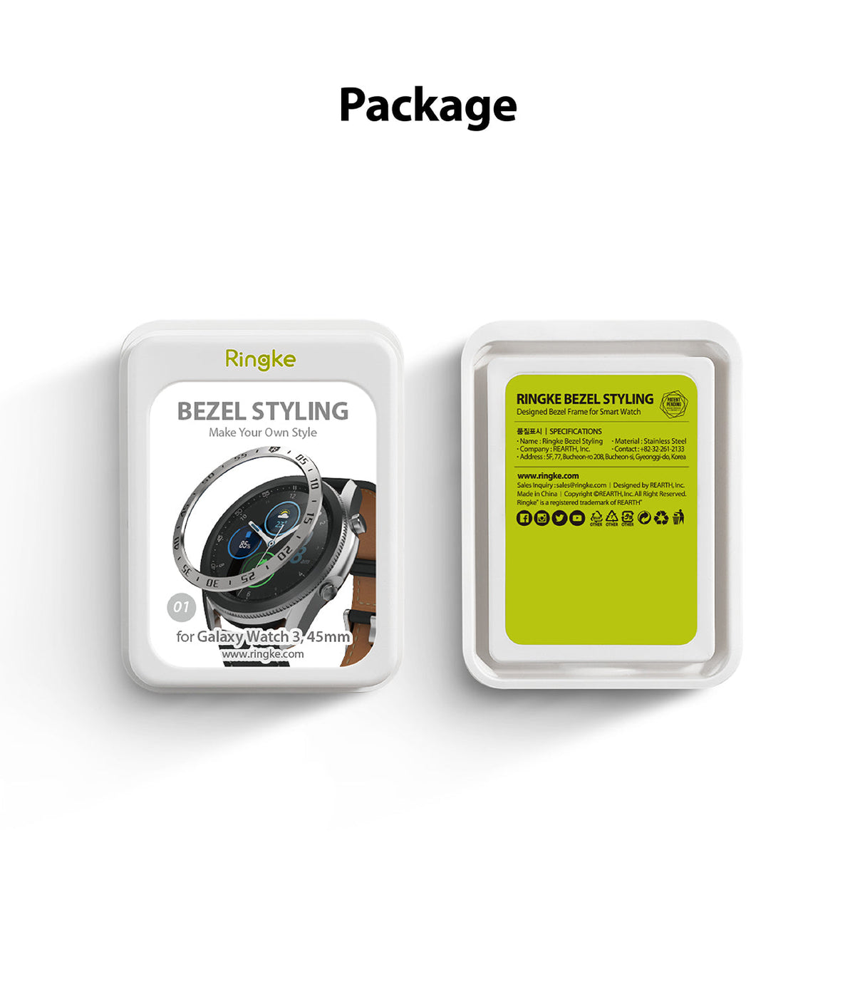 Galaxy Watch 3 (45mm) | Bezel Styling - Front and back view of Ringke Bezel Styling packaging for Galaxy Watch 3.