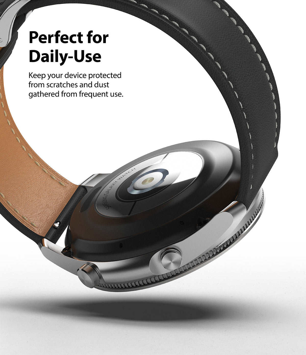 Galaxy Watch 3 (45mm) | Bezel Styling - Underside view of a Galaxy Watch 3 with a black leather strap and metallic bezel.