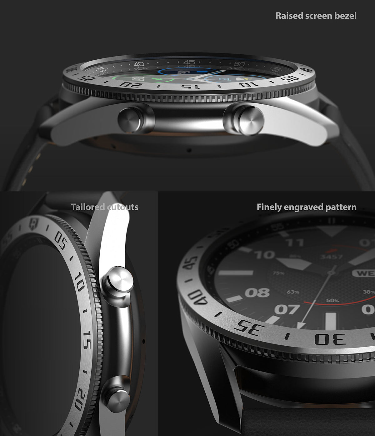 Galaxy Watch 3 (45mm) | Bezel Styling - Close-up views of watch bezel with raised edges, tailored cutouts, and engraved markings.