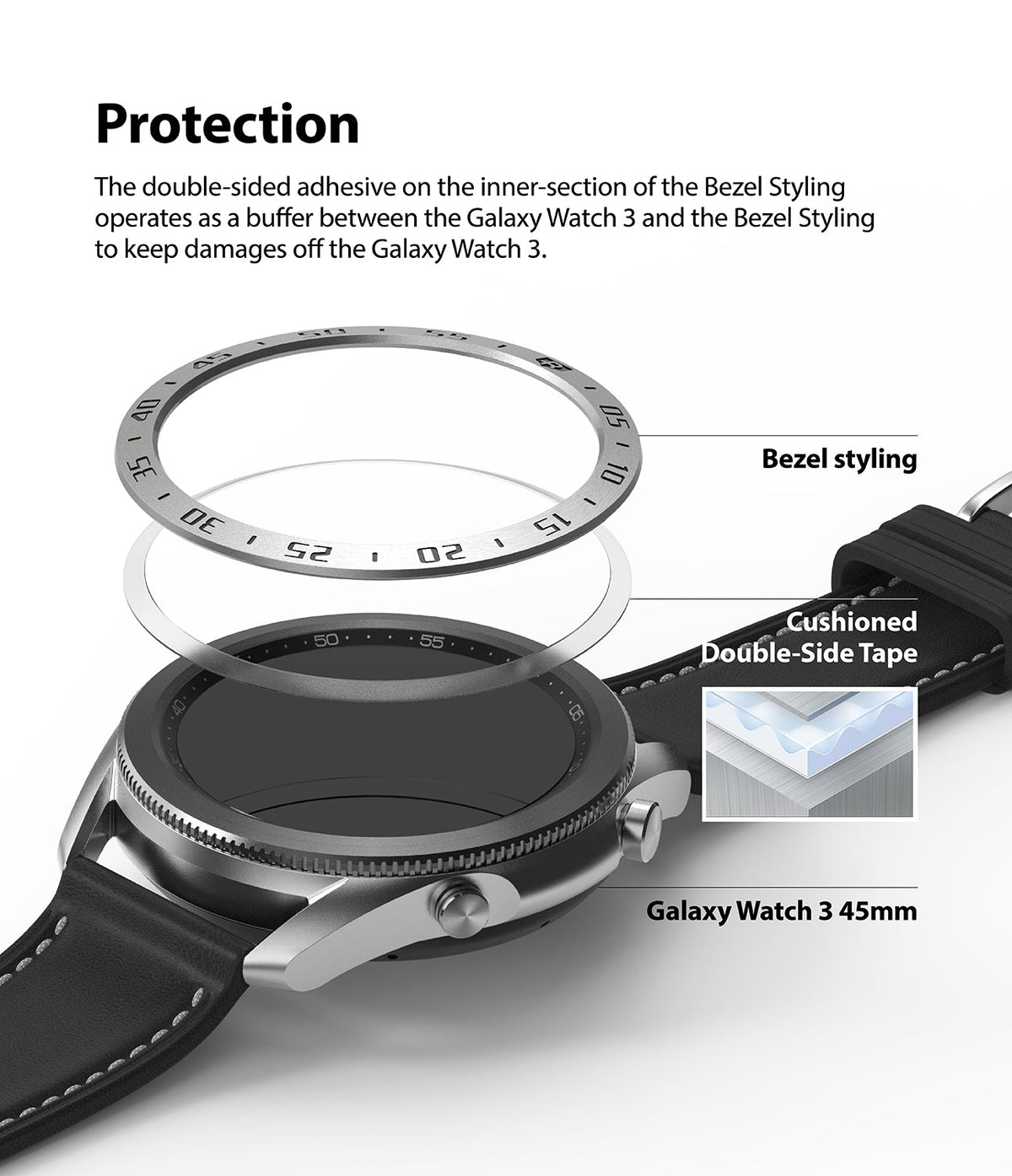 Galaxy Watch 3 (45mm) | Bezel Styling - Exploded view showing a metal bezel ring, adhesive tape, and a Galaxy Watch 3.