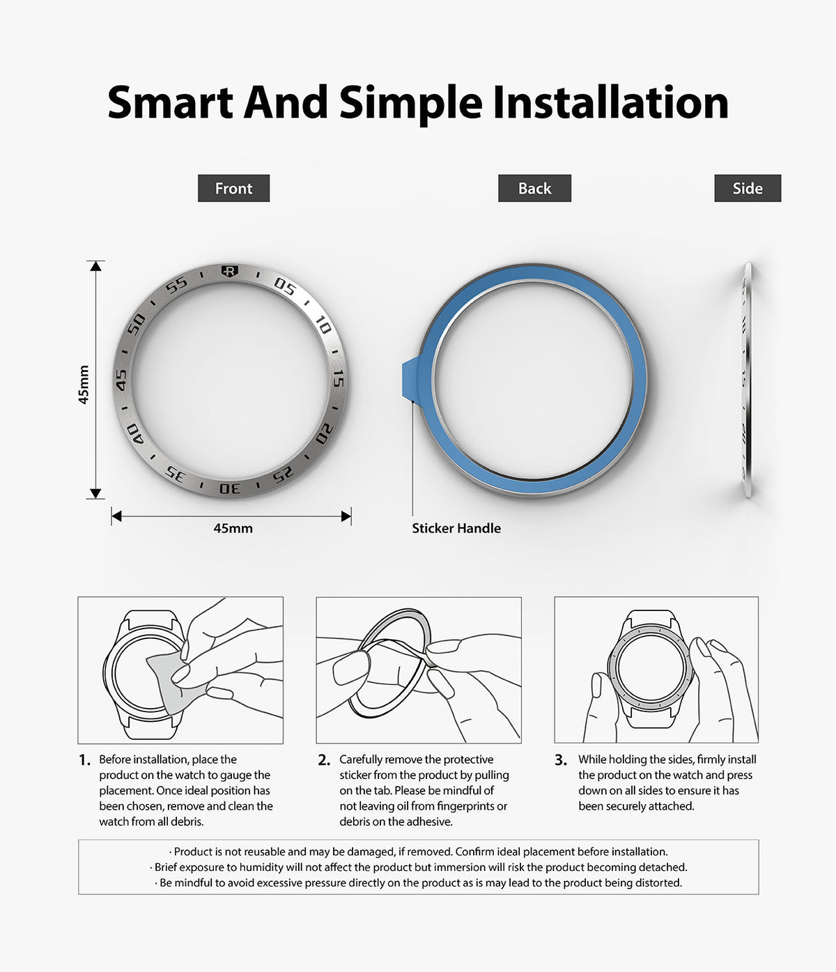 Galaxy Watch 3 (45mm) | Bezel Styling - Diagram showing front, back, and side views of a watch bezel with installation steps.