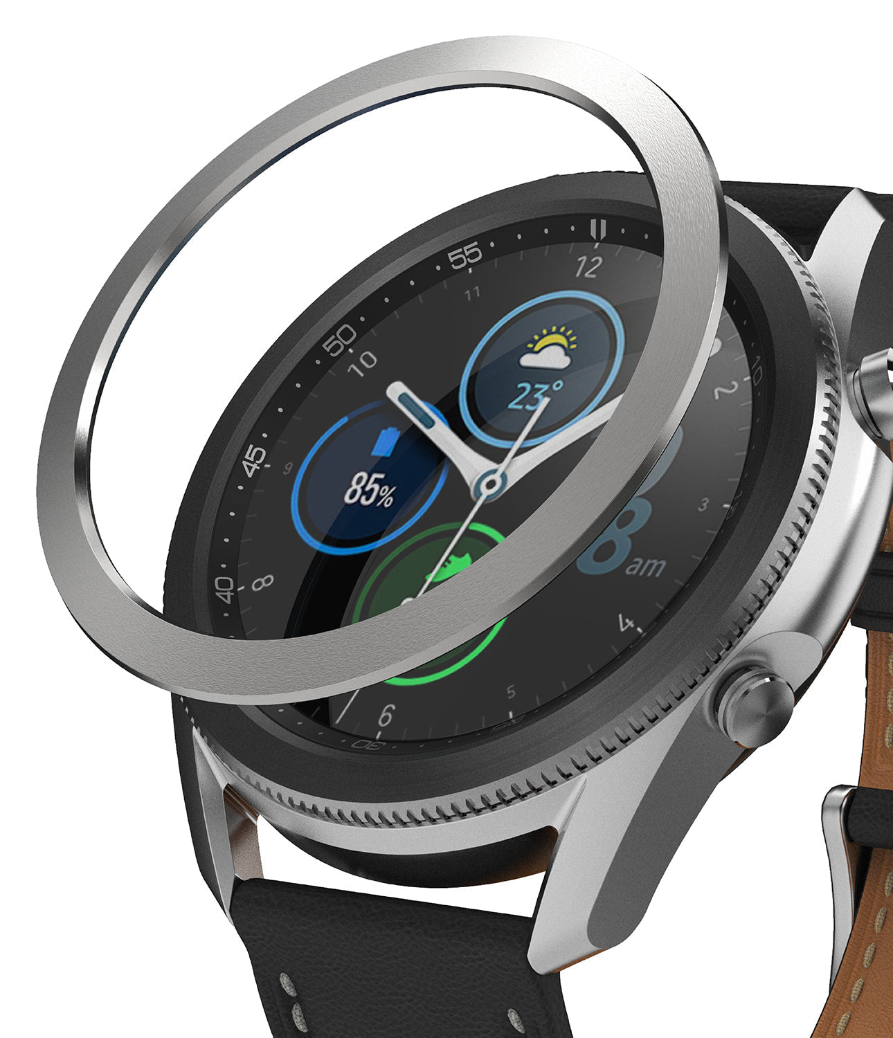 Galaxy Watch 3 (45mm) | Bezel Styling - A silver metal bezel ring hovering above a Galaxy Watch 3 with a black leather strap.