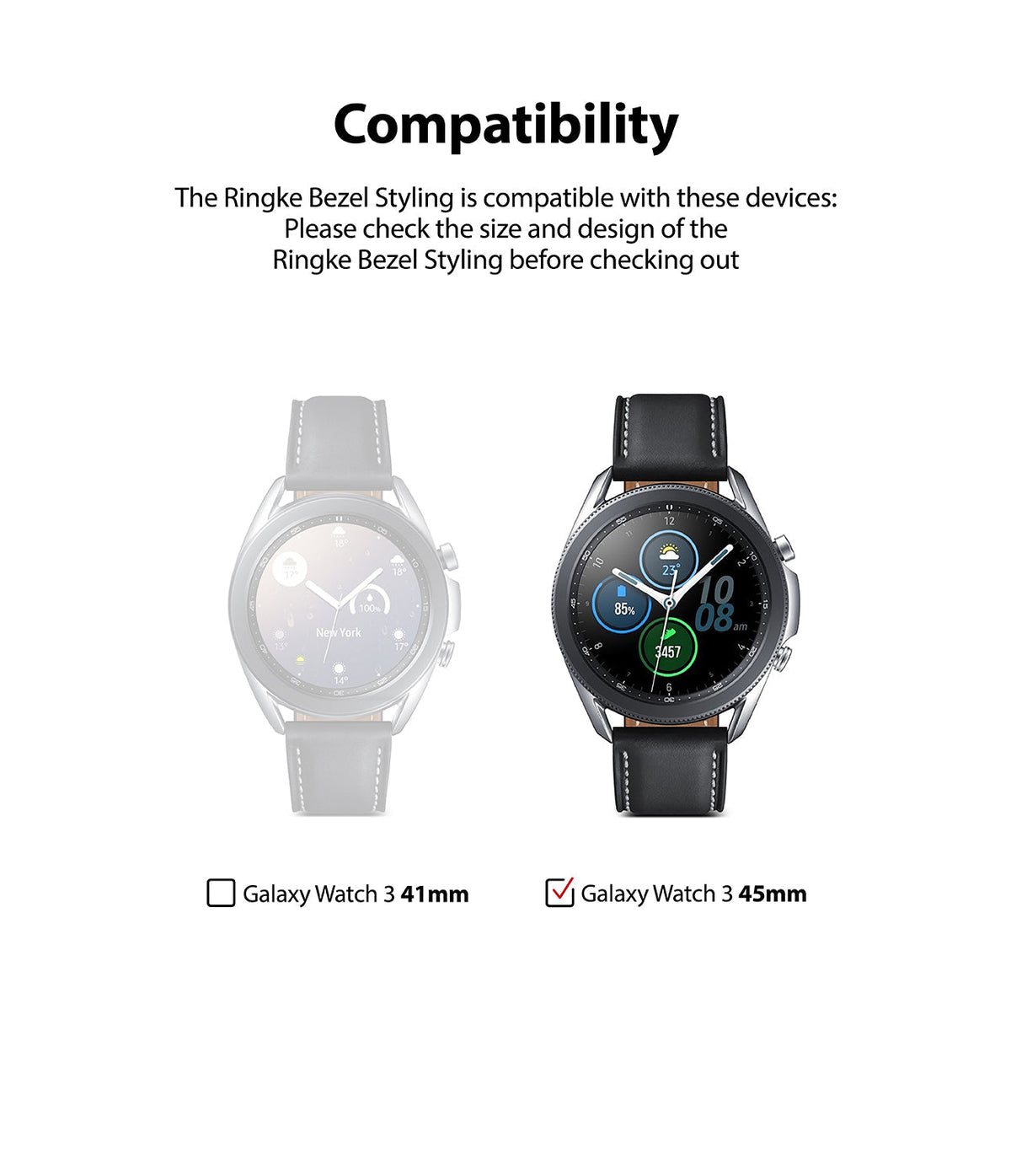 Galaxy Watch 3 (45mm) | Bezel Styling - Comparison chart showing 41mm and 45mm Galaxy Watch 3 models with a checkmark on 45mm.