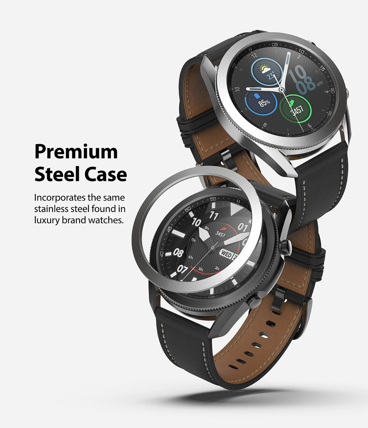 Galaxy Watch 3 (45mm) | Bezel Styling - Two Galaxy Watch 3 units with leather straps, one featuring a floating stainless steel bezel ring.