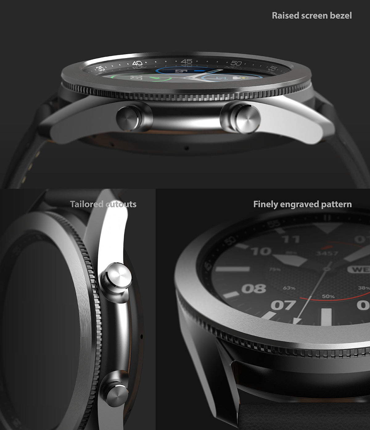 Galaxy Watch 3 (45mm) | Bezel Styling - Close-up of watch showing raised screen bezel, tailored cutouts, and engraved pattern.