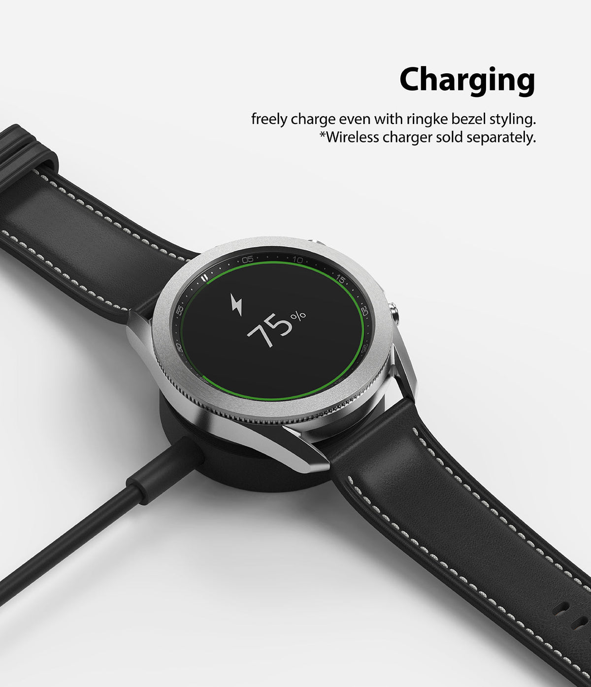 Galaxy Watch 3 (45mm) | Bezel Styling - Smartwatch with silver bezel styling charging wirelessly at 75% battery.