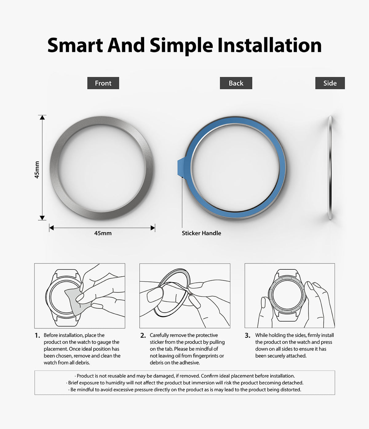 Galaxy Watch 3 (45mm) | Bezel Styling - Galaxy Watch 3 (45mm) | Bezel styling installation guide showing front, back, and side views with three instructional steps.