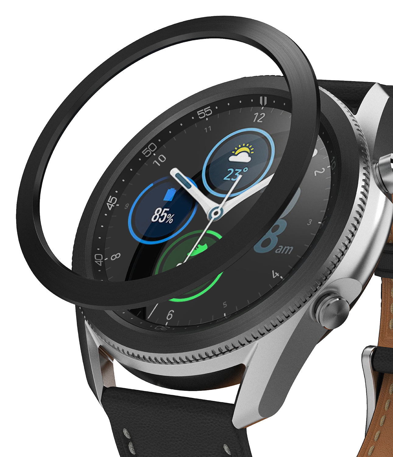 Galaxy Watch 3 (45mm) | Bezel Styling - A black adhesive bezel ring hovering above a silver Galaxy Watch 3 with a leather strap.