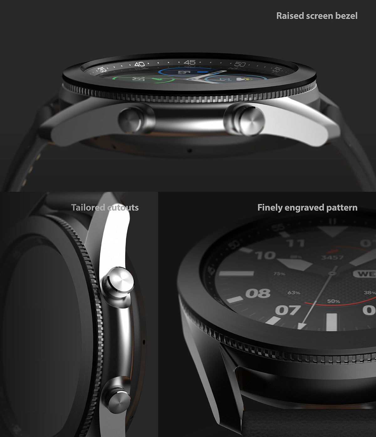 Galaxy Watch 3 (45mm) | Bezel Styling - Galaxy Watch 3 (45mm) | Close-up views of the watch's raised bezel, tailored side cutouts, and finely engraved pattern.