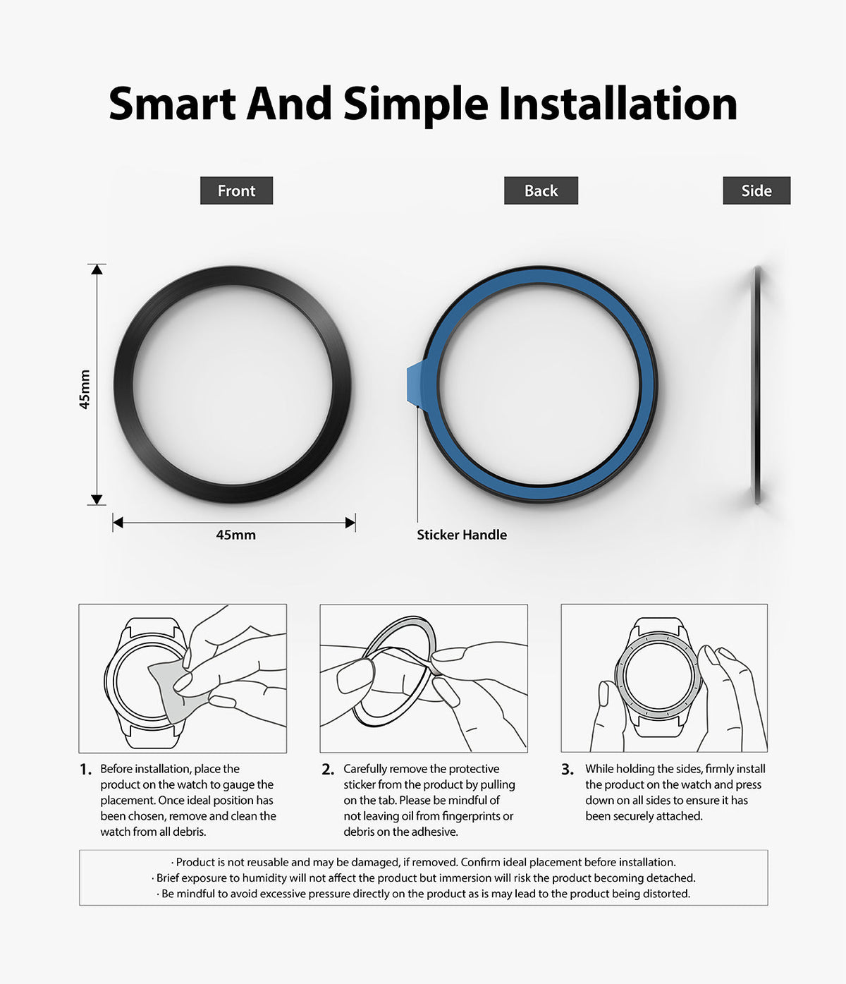 Galaxy Watch 3 (45mm) | Bezel Styling - Galaxy Watch 3 (45mm) | Bezel styling installation guide showing front, back, and side views with three instructional steps.