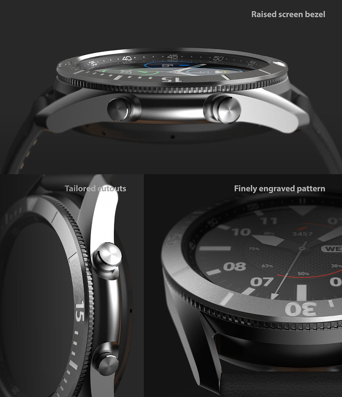 Galaxy Watch 3 (45mm) | Bezel Styling - Close-up views of the watch showing the raised bezel, tailored cutouts, and engraving.