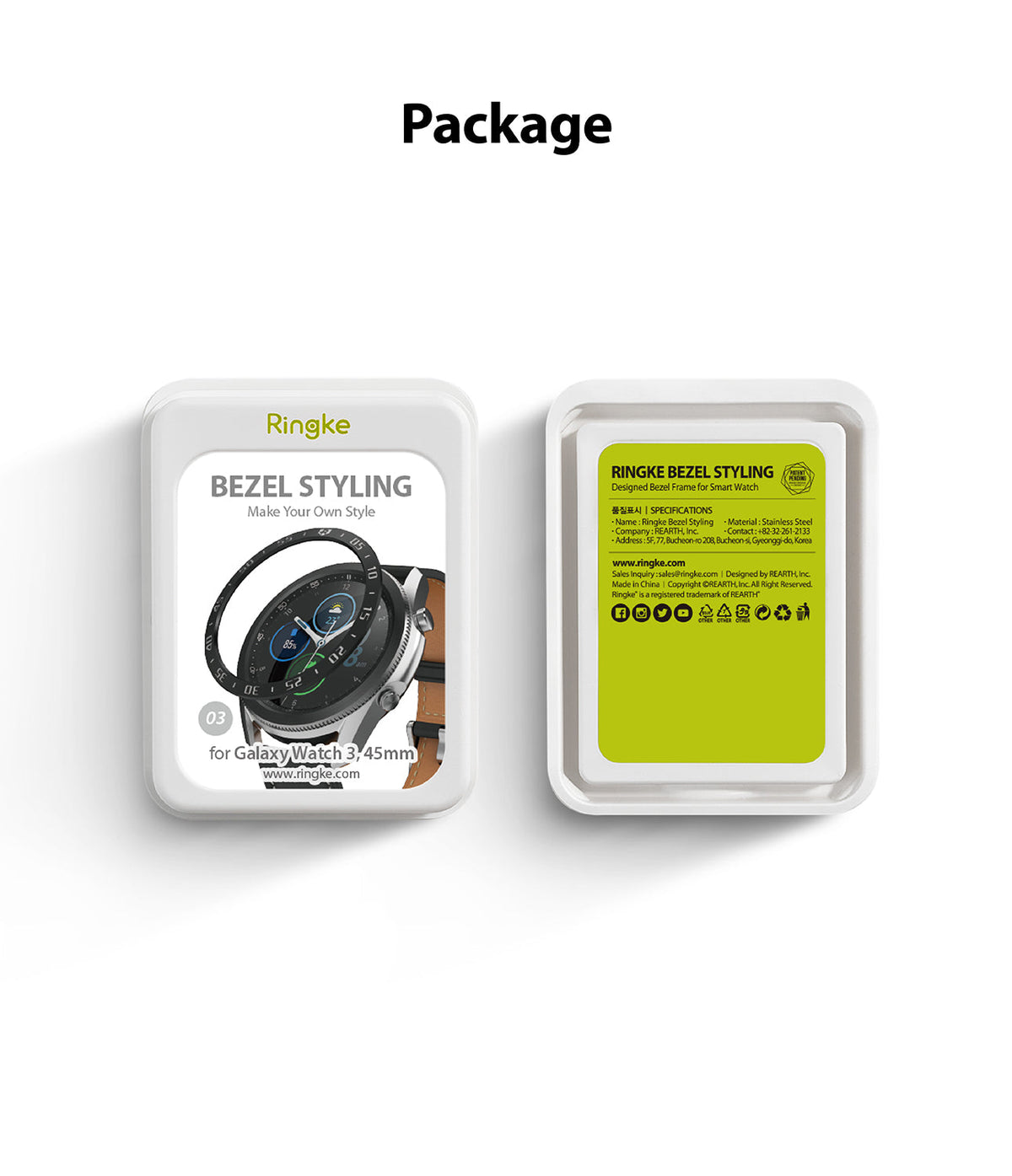 Galaxy Watch 3 (45mm) | Bezel Styling - Front and back view of Ringke Bezel Styling packaging for Galaxy Watch 3.