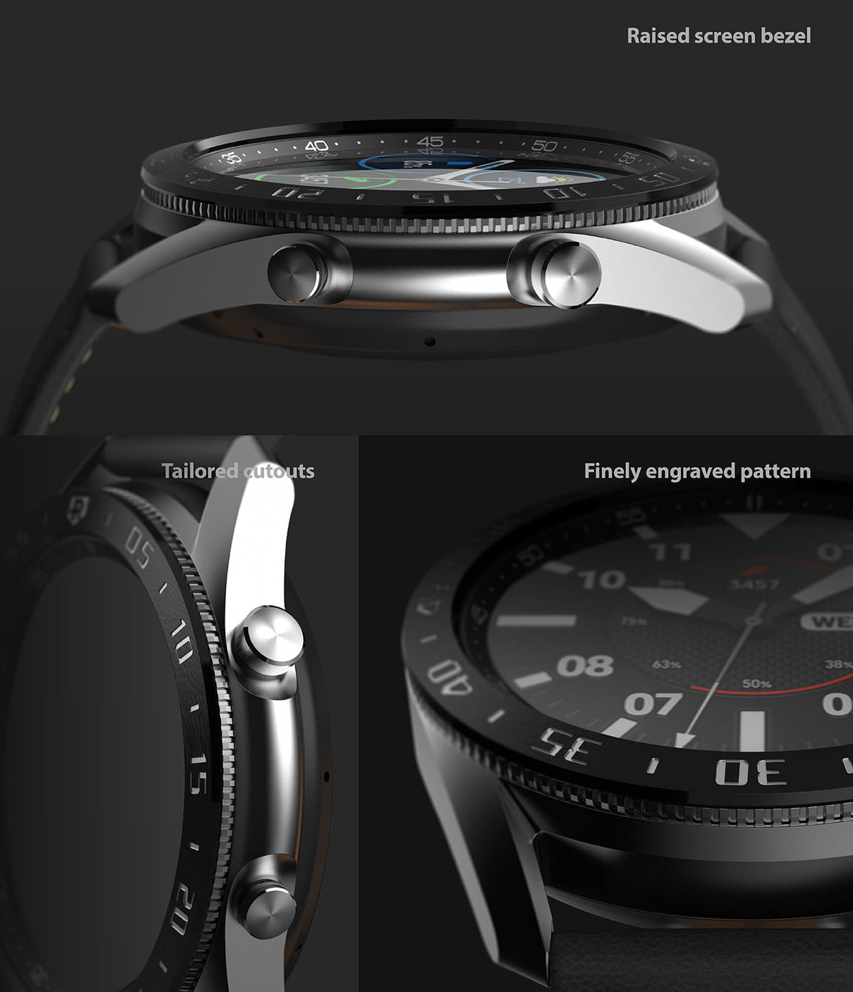 Galaxy Watch 3 (45mm) | Bezel Styling - Close-up views of the watch showing the raised bezel, tailored cutouts, and engraved pattern.