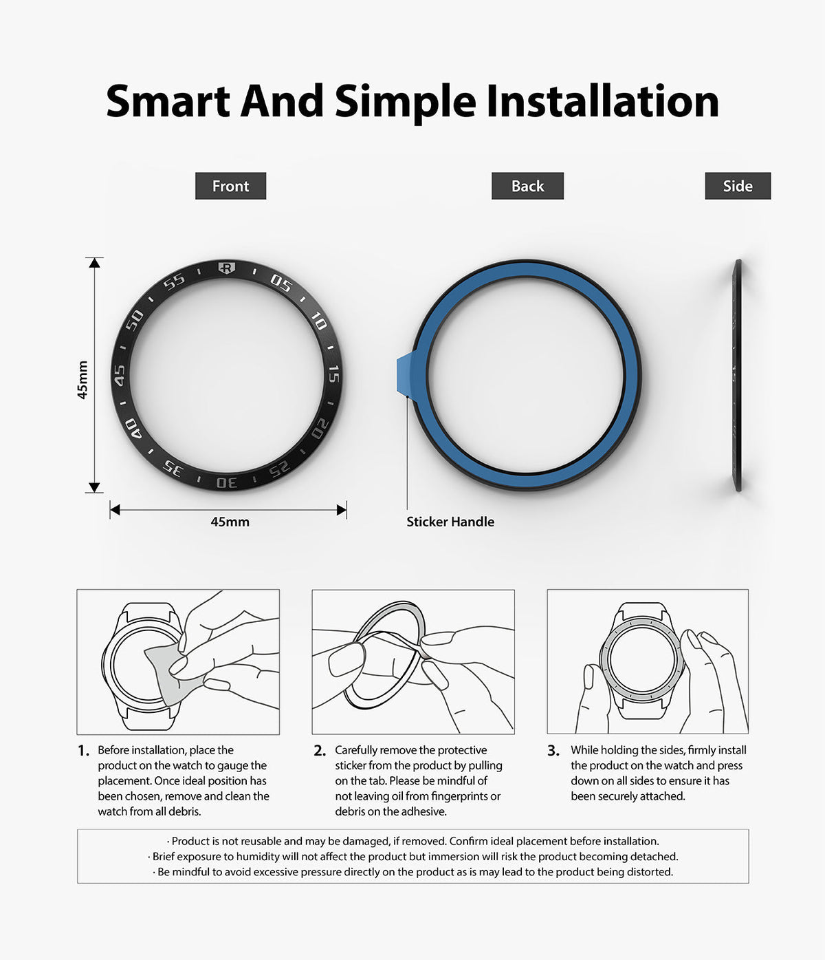 Galaxy Watch 3 (45mm) | Bezel Styling - Galaxy Watch 3 (45mm) | Bezel styling ring showing front, back, and side views with three-step installation instructions.