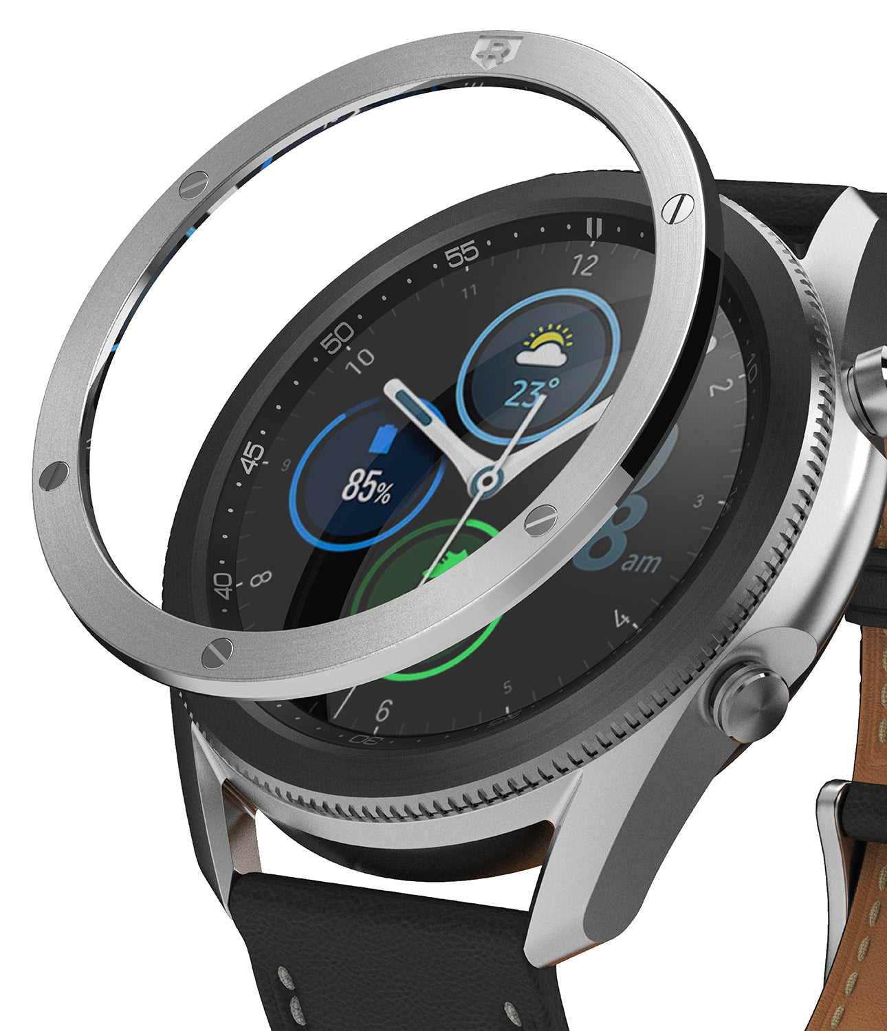 Galaxy Watch 3 (45mm) | Bezel Styling - A silver metal bezel ring hovering above a Galaxy Watch 3 with a black leather strap.