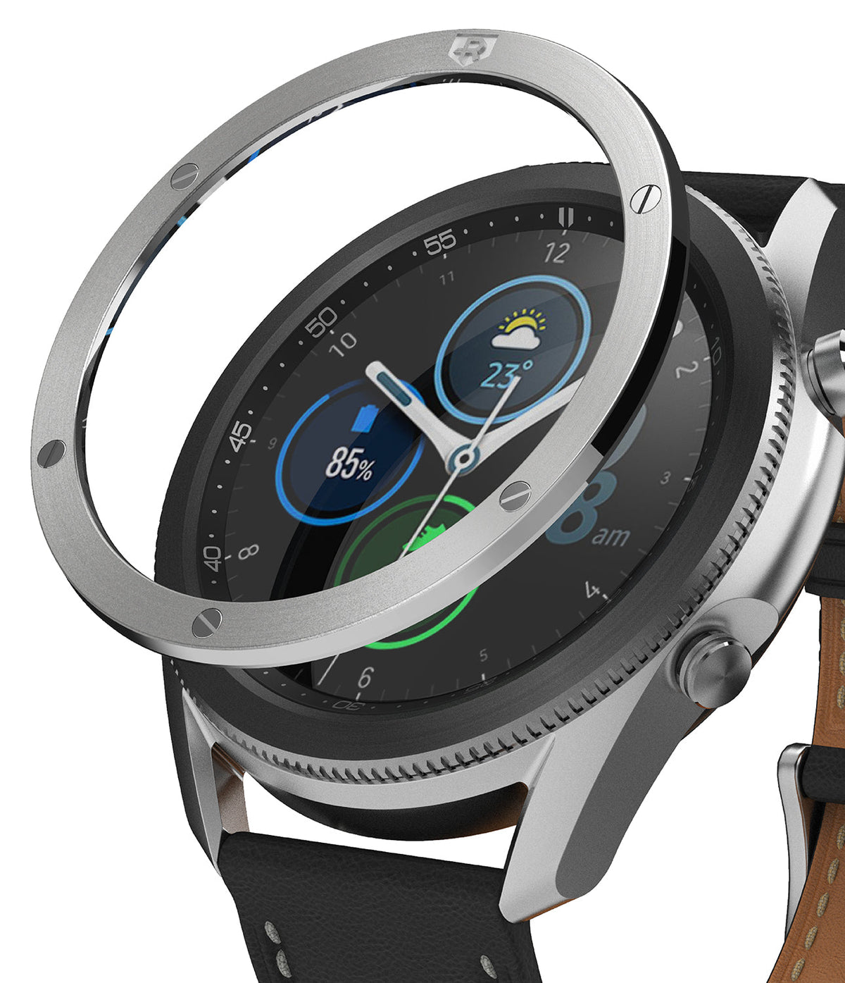Galaxy Watch 3 (45mm) | Bezel Styling - A silver metal bezel ring hovering above a Galaxy Watch 3 with a black leather strap.