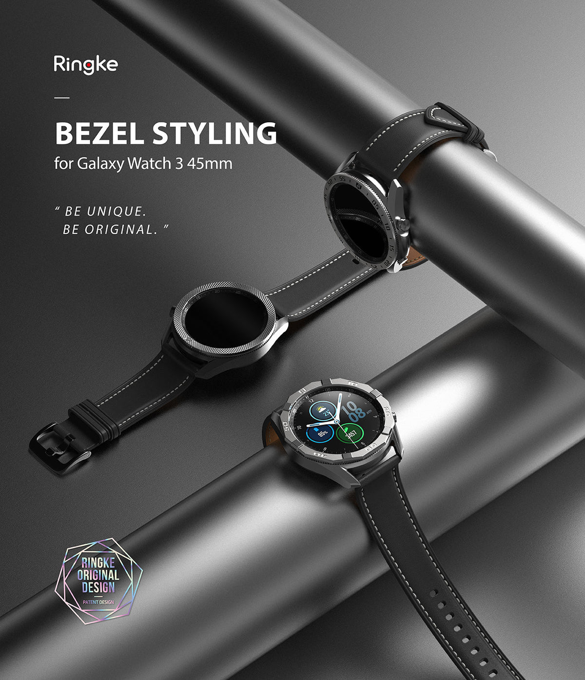 Galaxy Watch 3 (45mm) | Bezel Styling - Two Galaxy Watch 3 units with metallic bezel covers resting on a dark surface.