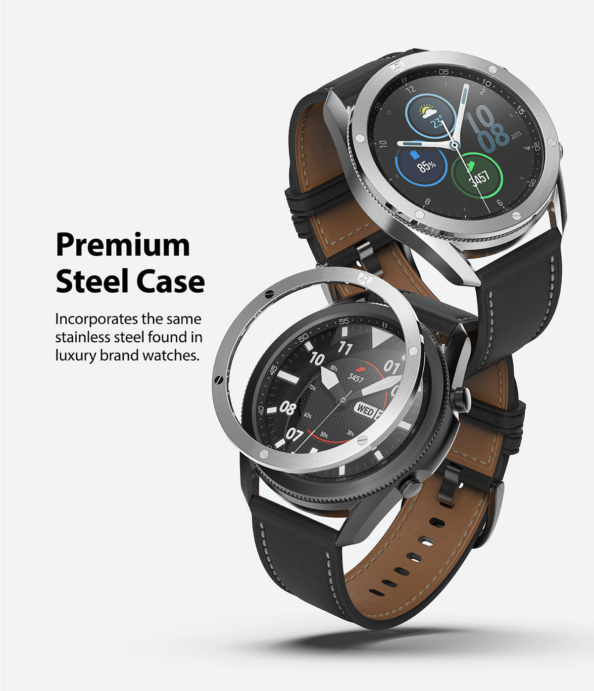 Galaxy Watch 3 (45mm) | Bezel Styling - Two Galaxy Watch 3 units with black leather straps and a floating stainless steel bezel.