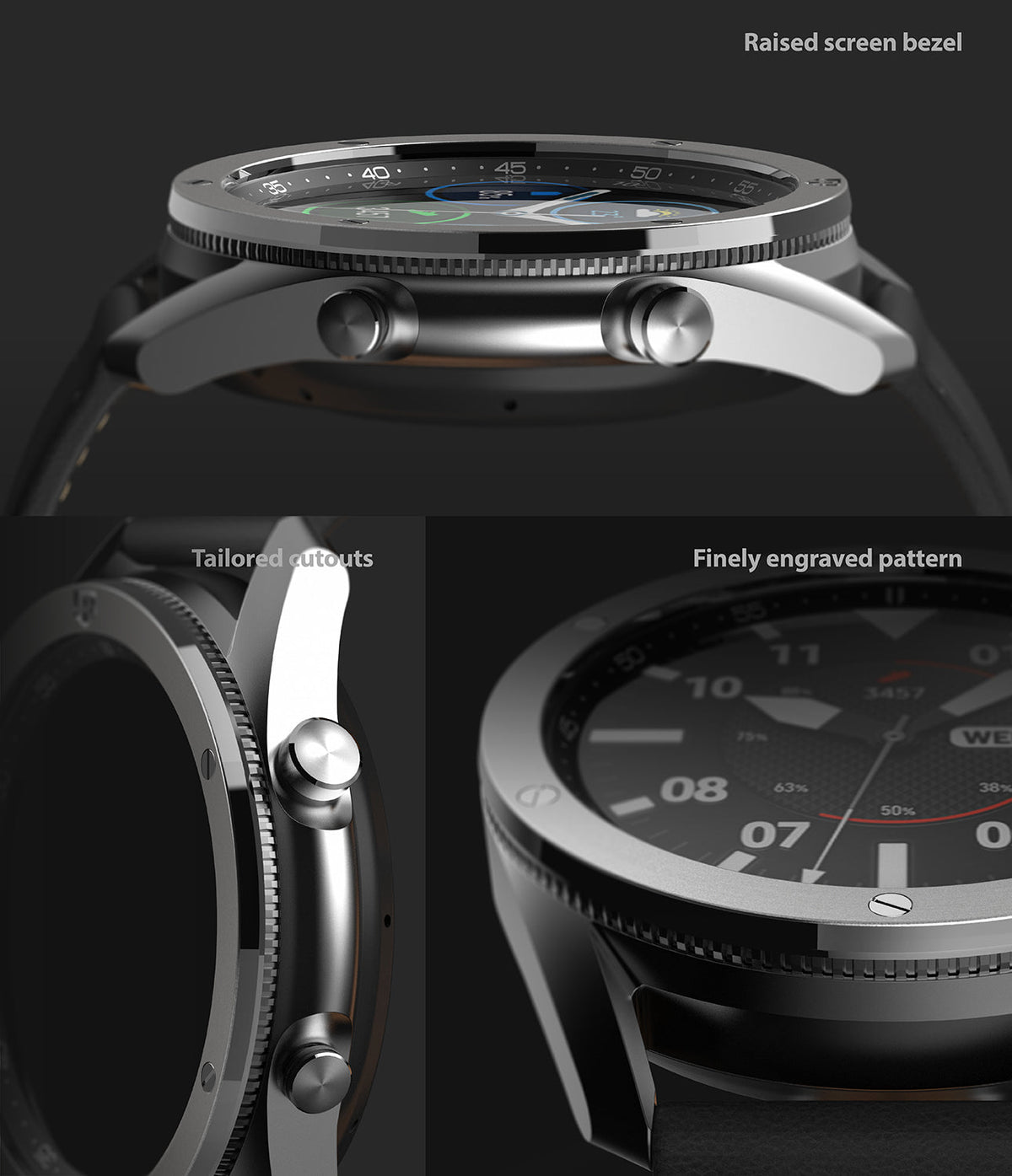 Galaxy Watch 3 (45mm) | Bezel Styling - Close-up views of the watch showing the raised bezel, tailored cutouts, and engraved pattern.