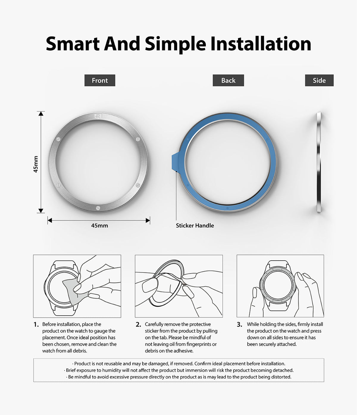 Galaxy Watch 3 (45mm) | Bezel Styling - Three-step installation guide showing front, back, and side views of the bezel ring.