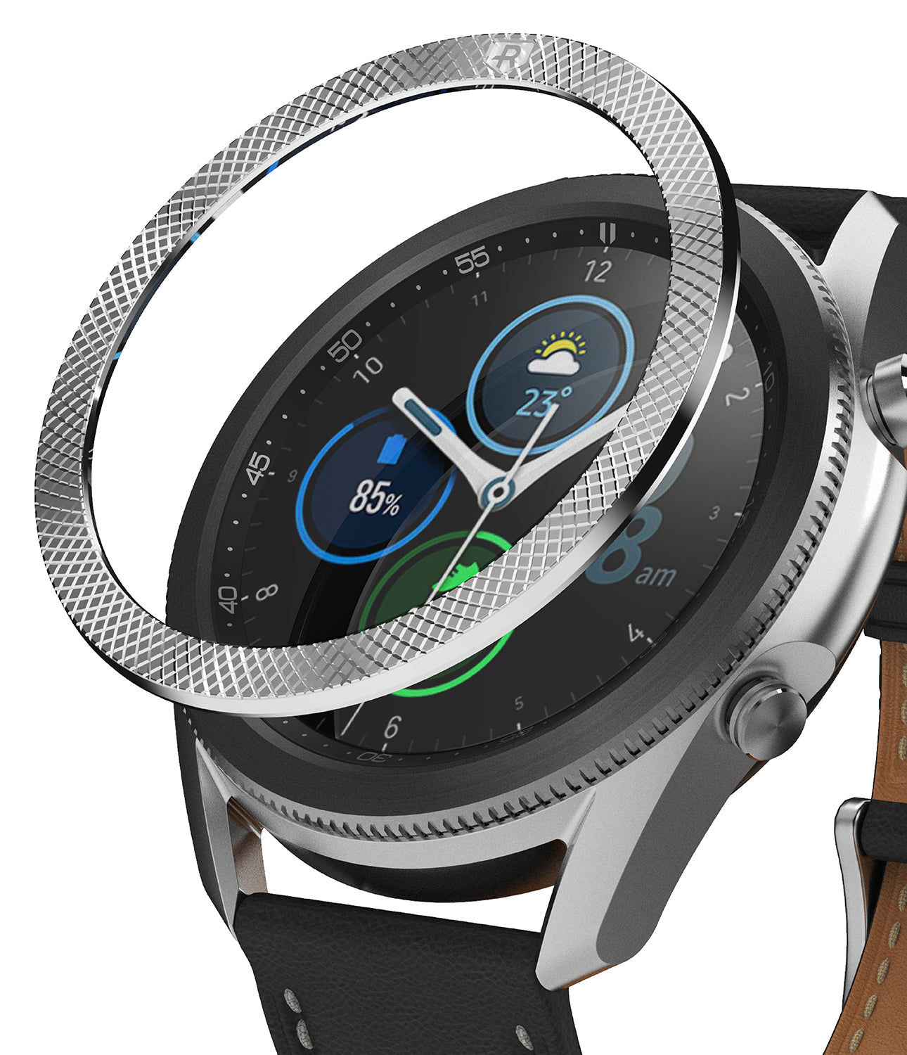 Galaxy Watch 3 (45mm) | Bezel Styling - A silver, textured metal bezel ring hovering above a Galaxy Watch 3 smartwatch.