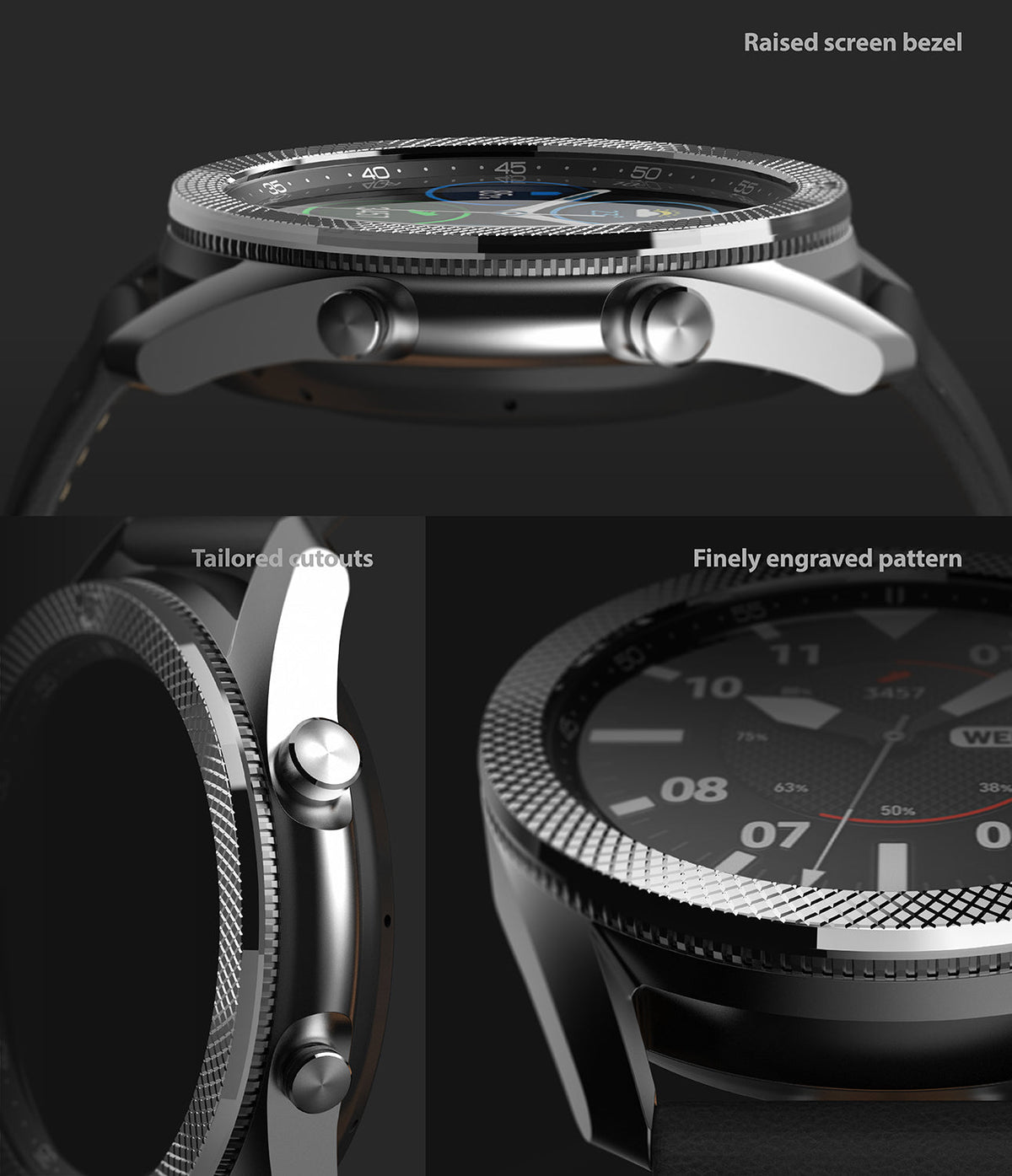 Galaxy Watch 3 (45mm) | Bezel Styling - Close-up views of a metallic watch bezel featuring a raised edge and engraved pattern.
