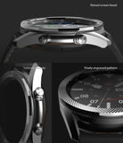 Galaxy Watch 3 (45mm) | Bezel Styling - Close-up views of a metallic watch bezel featuring a raised edge and engraved pattern.