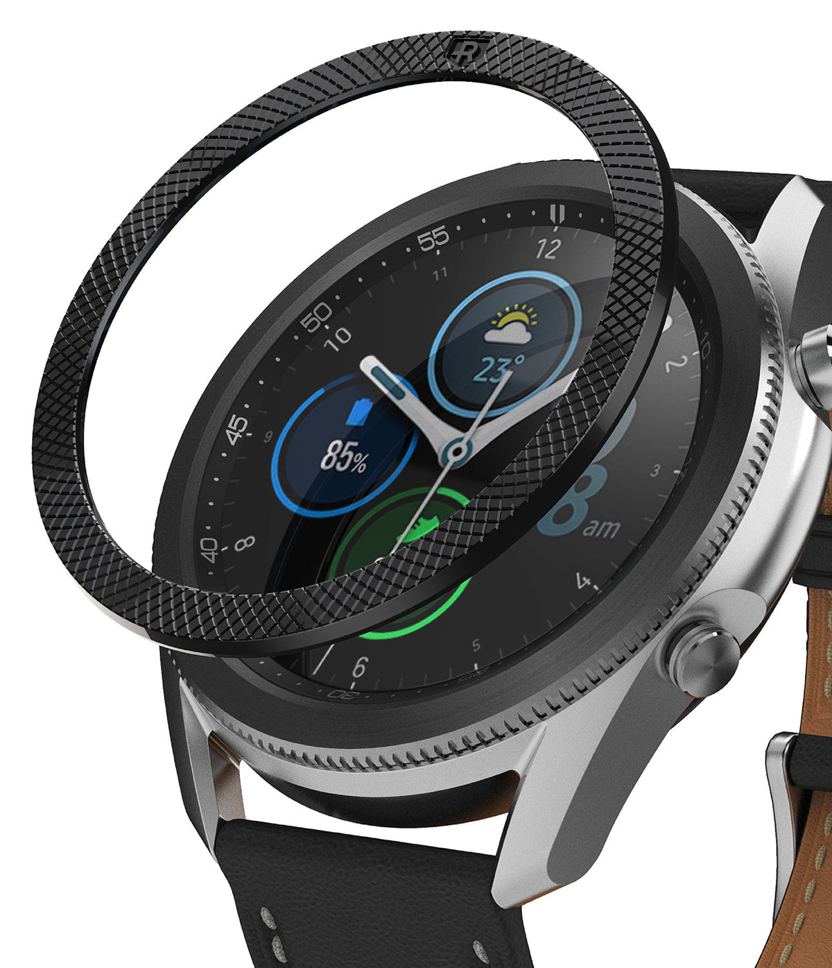 Galaxy Watch 3 (45mm) | Bezel Styling - A textured black metal bezel ring hovering above a silver Galaxy Watch 3.