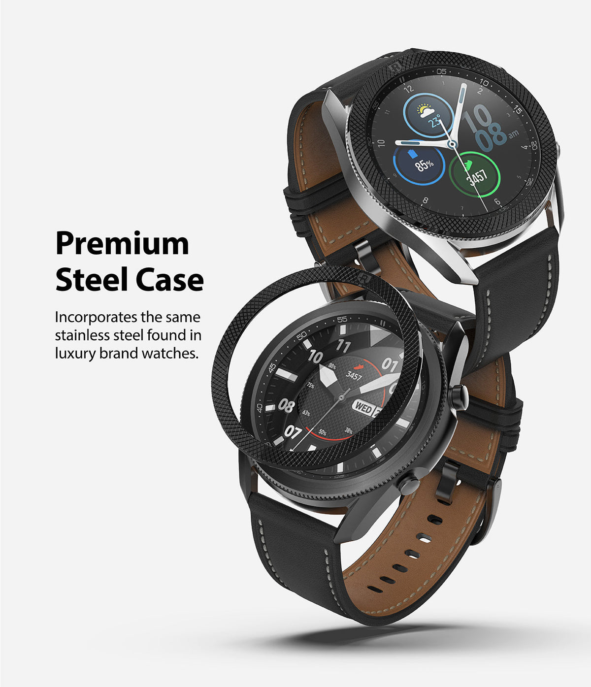 Galaxy Watch 3 (45mm) | Bezel Styling - A black stainless steel bezel ring hovering above a Galaxy Watch 3 with a leather strap.