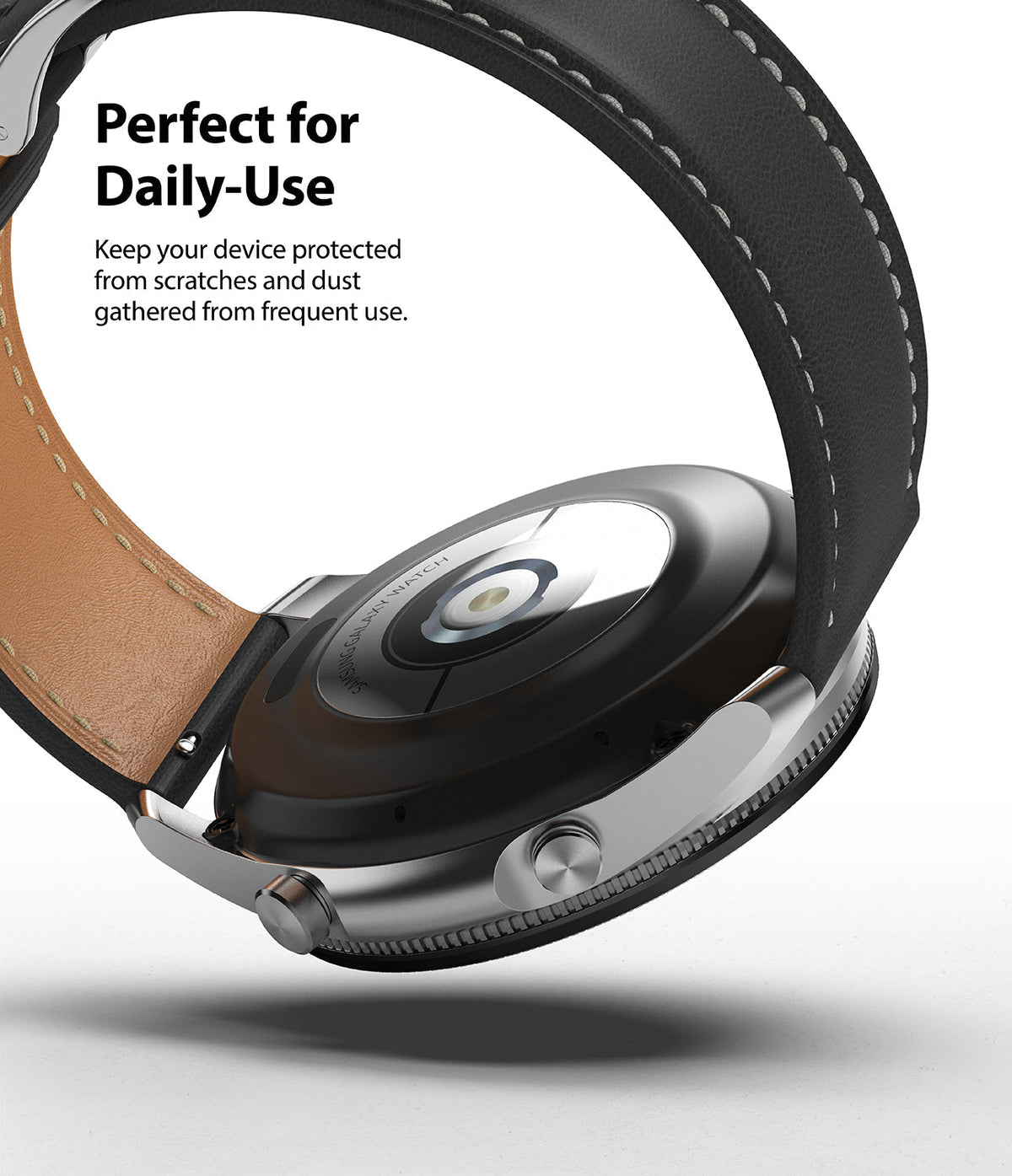 Galaxy Watch 3 (45mm) | Bezel Styling - Underside of a silver Galaxy Watch 3 with a black leather strap and text about daily protection.