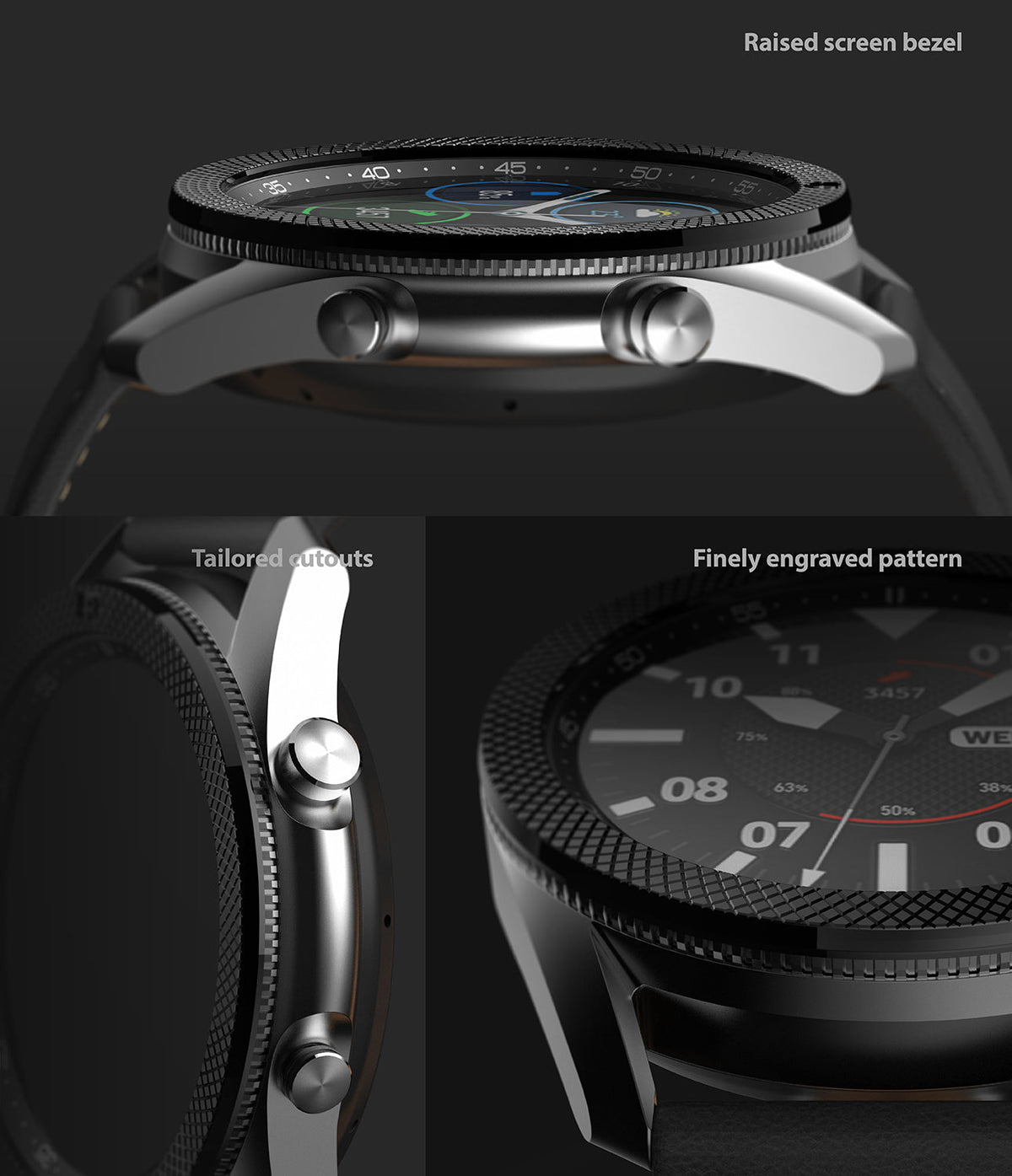 Galaxy Watch 3 (45mm) | Bezel Styling - Close-up views of the watch's raised bezel, engraved pattern, and tailored side buttons.