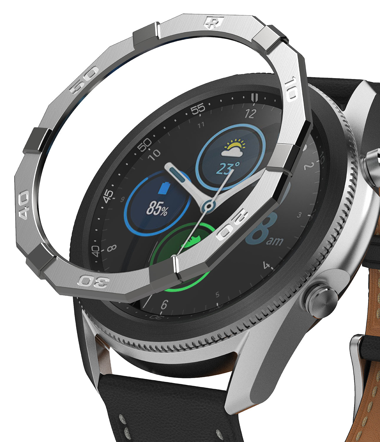 Galaxy Watch 3 (45mm) | Bezel Styling - A metallic, notched bezel accessory hovering above a Galaxy Watch 3 with a leather strap.