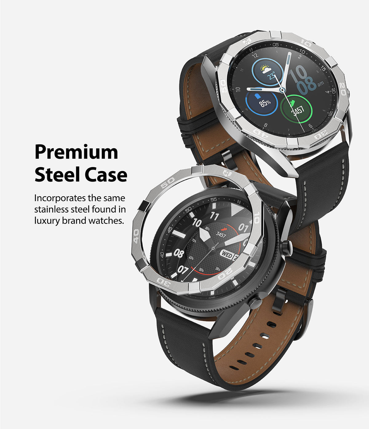 Galaxy Watch 3 (45mm) | Bezel Styling - Two Galaxy Watch 3 units with silver stainless steel bezel covers and leather straps.