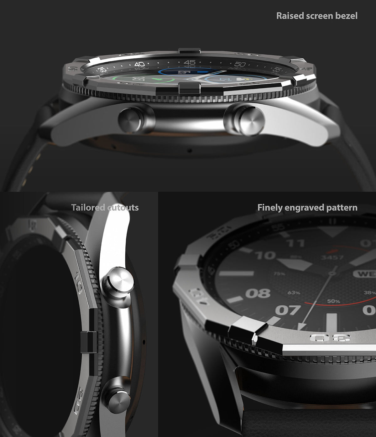 Galaxy Watch 3 (45mm) | Bezel Styling - Close-up views of a metallic watch bezel featuring raised edges, tailored cutouts, and engraved patterns.