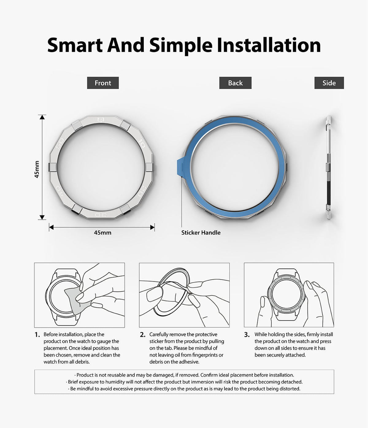 Galaxy Watch 3 (45mm) | Bezel Styling - Installation guide showing front, back, and side views with three-step instructions.