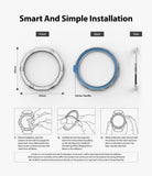 Galaxy Watch 3 (45mm) | Bezel Styling - Installation guide showing front, back, and side views with three-step instructions.