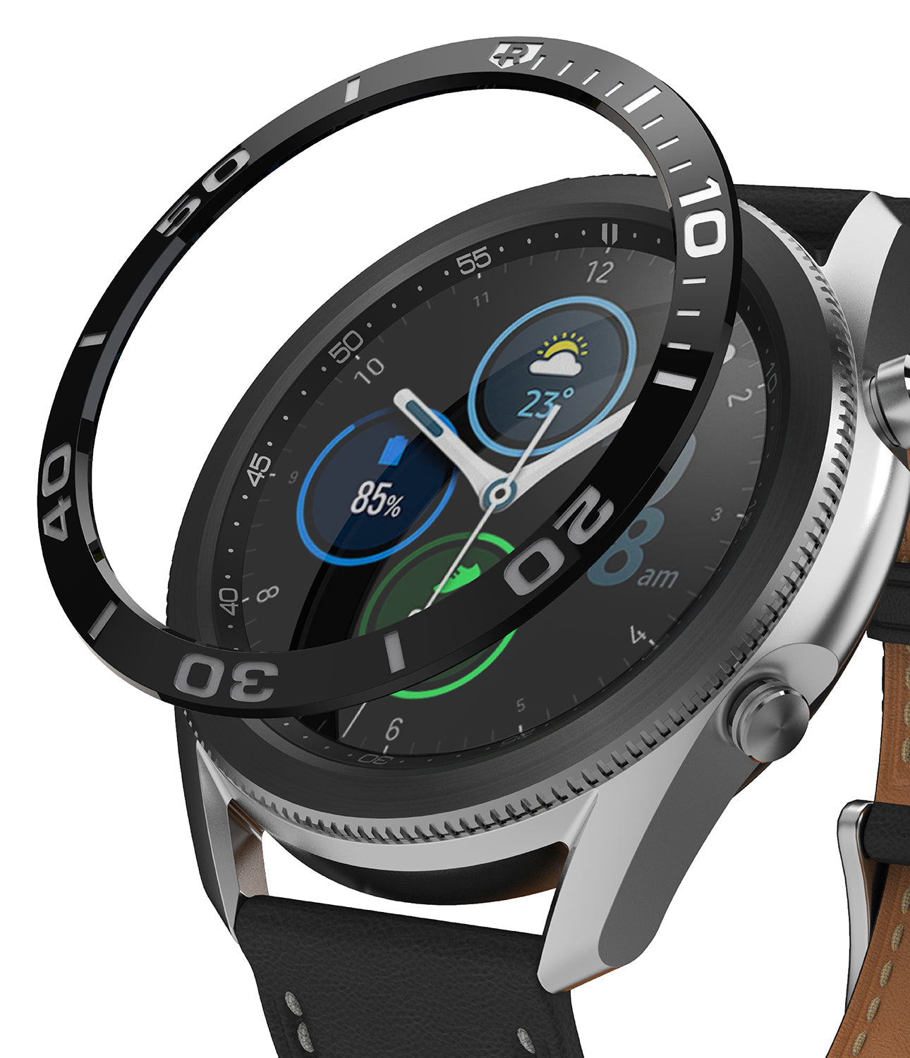 Galaxy Watch 3 (45mm) | Bezel Styling - A black adhesive bezel ring hovering above a silver Galaxy Watch 3 with a leather strap.