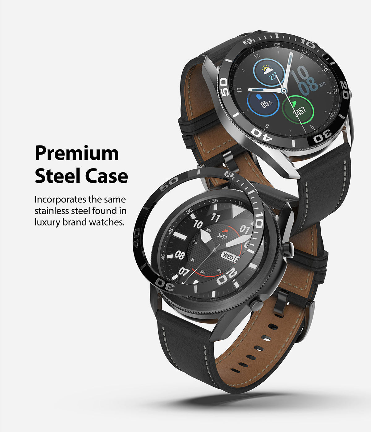 Galaxy Watch 3 (45mm) | Bezel Styling - Two Galaxy Watch 3 units with black leather straps and a floating stainless steel bezel ring.