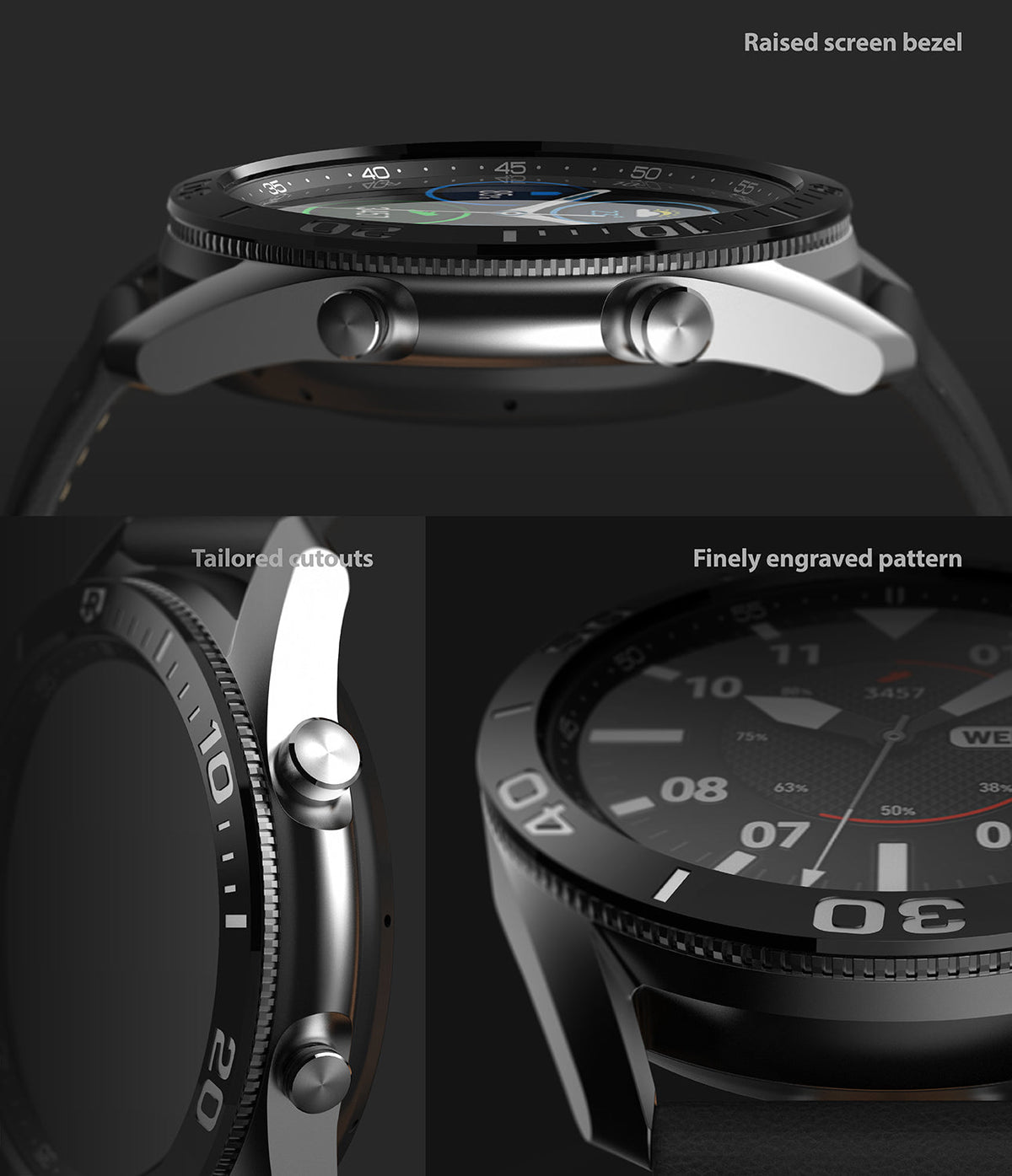 Galaxy Watch 3 (45mm) | Bezel Styling - Close-up views highlighting the raised bezel, tailored cutouts, and engraved pattern.