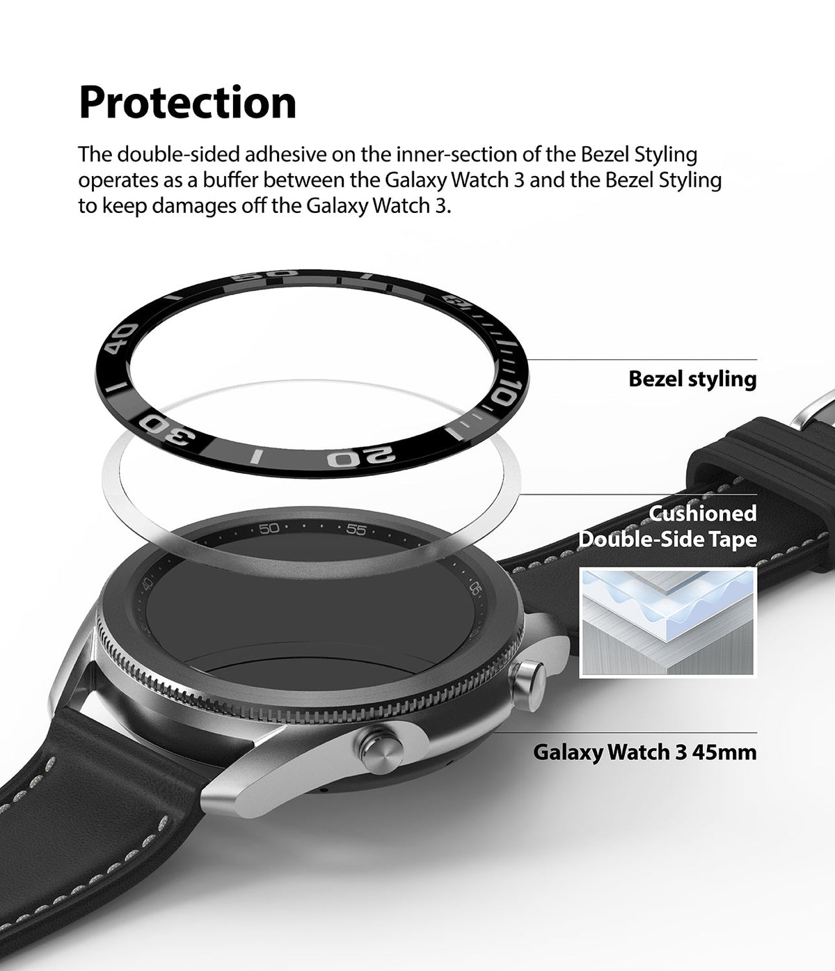 Galaxy Watch 3 (45mm) | Bezel Styling - Exploded view showing bezel ring, adhesive tape, and watch face for protection.