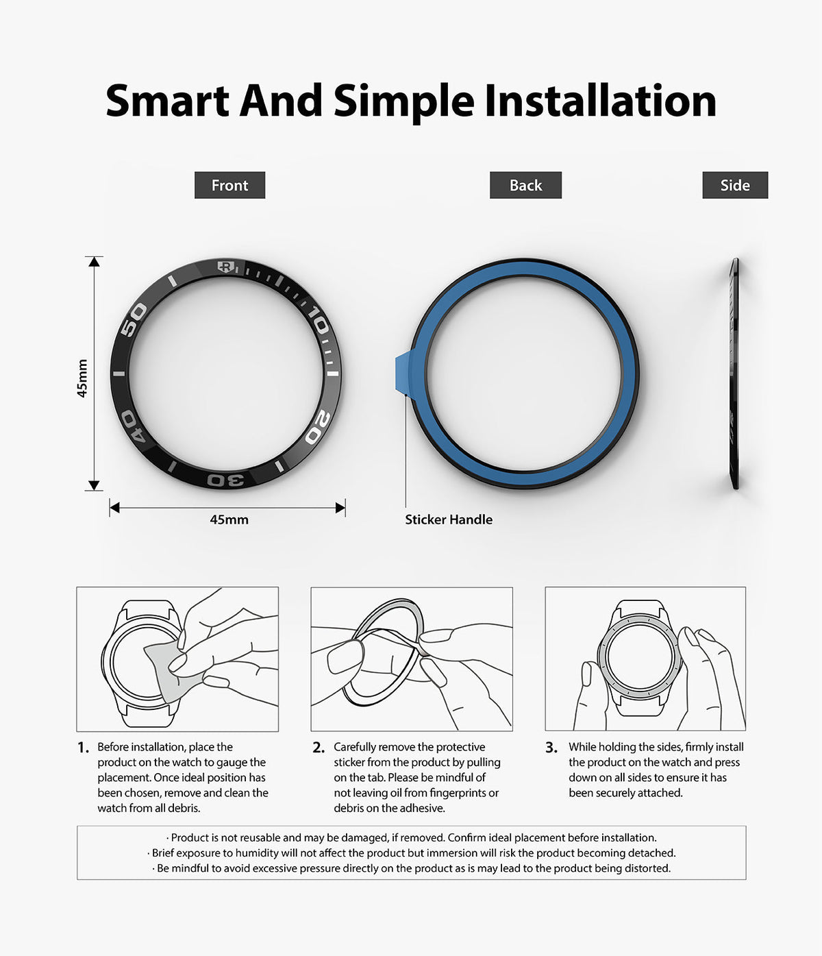 Galaxy Watch 3 (45mm) | Bezel Styling - Diagram showing front, back, and side views of a watch bezel with installation steps.