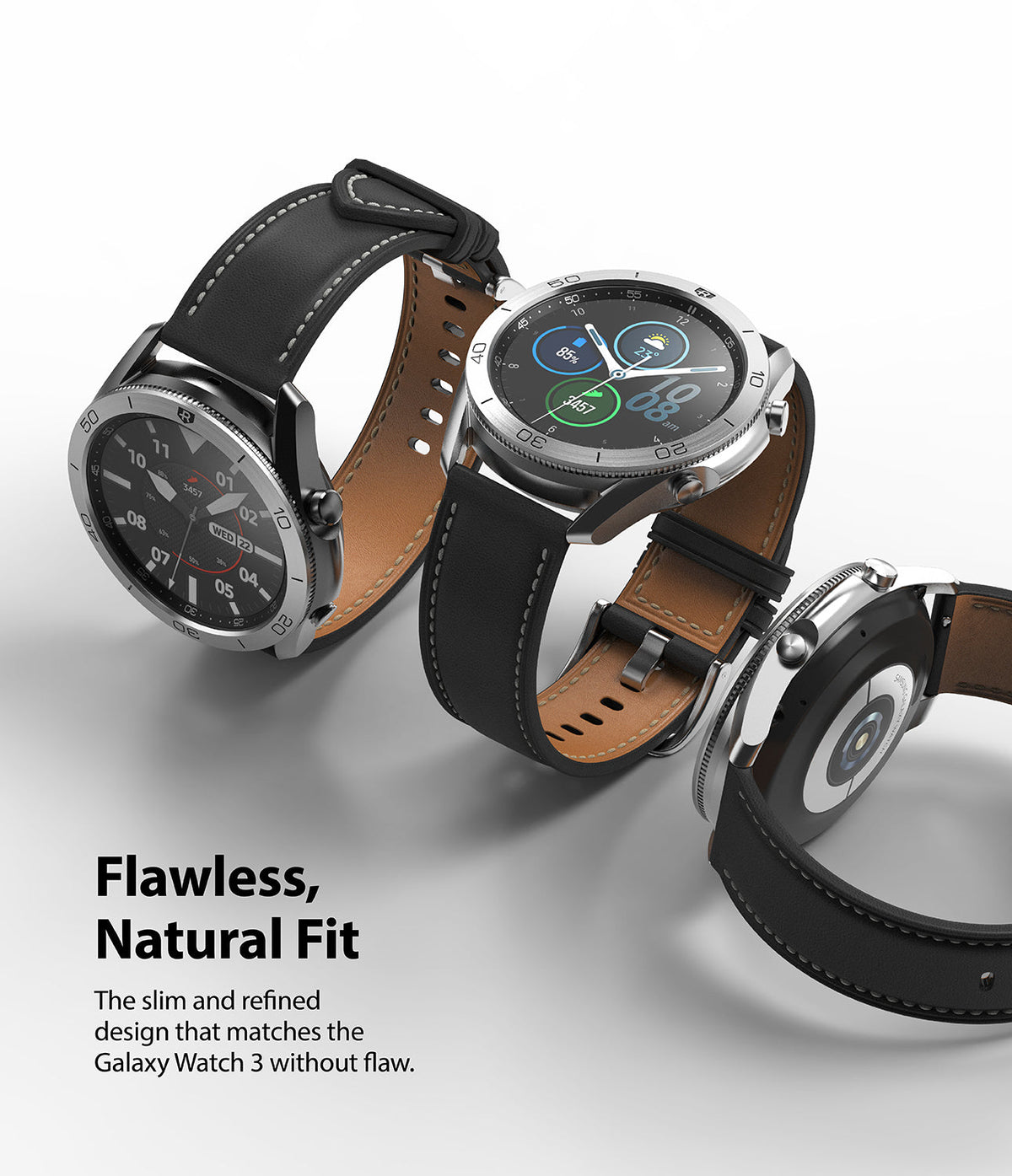 Galaxy Watch 3 (45mm) | Bezel Styling - Three silver Galaxy Watch 3 units with black leather straps shown from different angles.